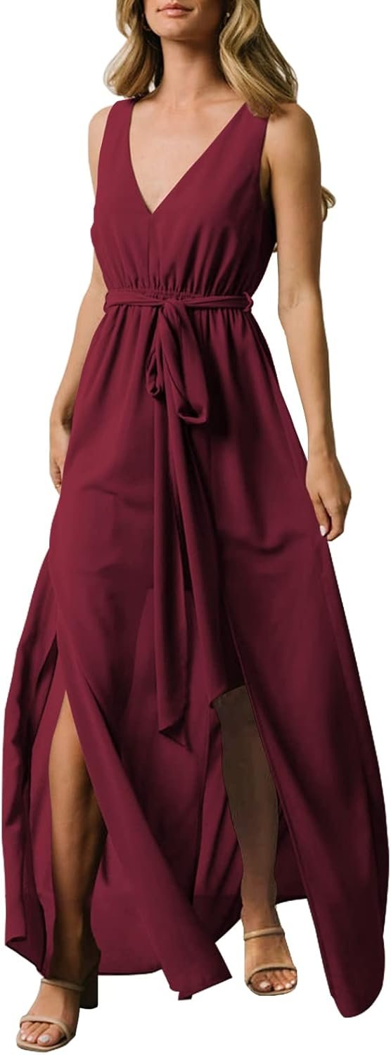 Women’s Boho Chiffon Maxi Dress Sleeveless V-Neck Double Split Beach Party Dress