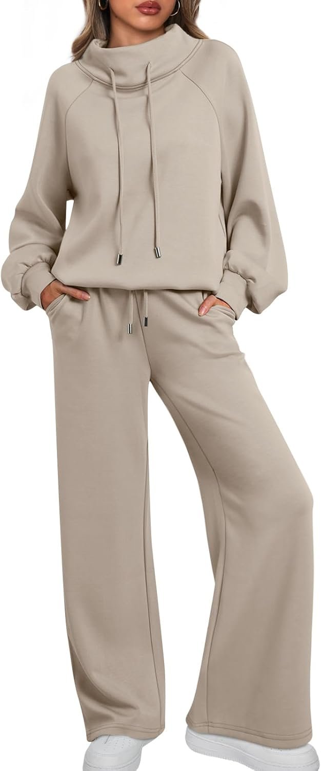 Women's lounge sweatsuit 2-piece drawstring sweatshirt wide leg pants set