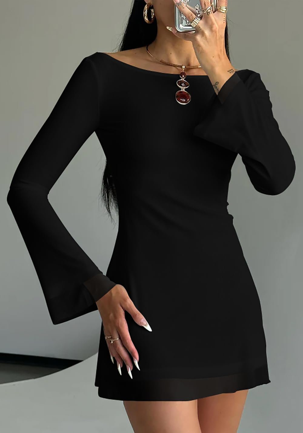 Women’s Long Sleeve Off Shoulder A-Line Dress with Flared Cuffs - Image 2