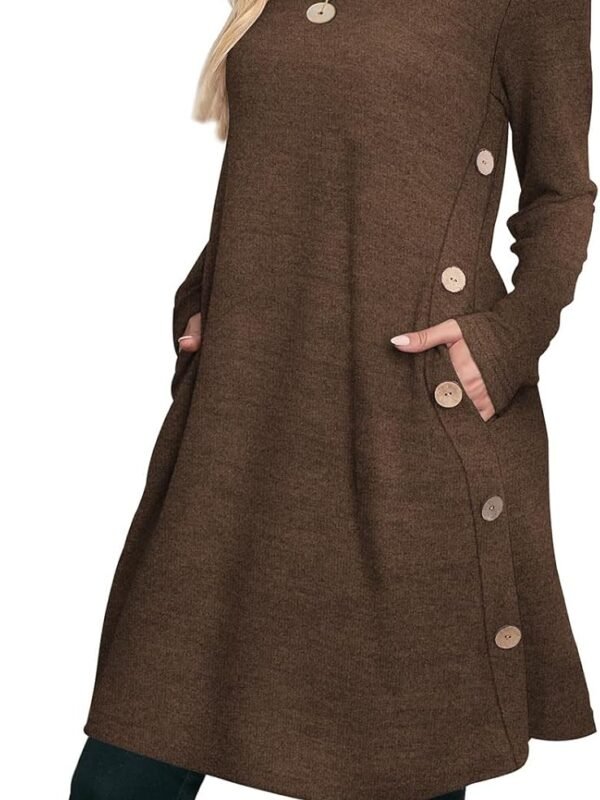 Women’s Crew Neck Tunic Dress Long Sleeve Casual Dress with Pockets and Buttons