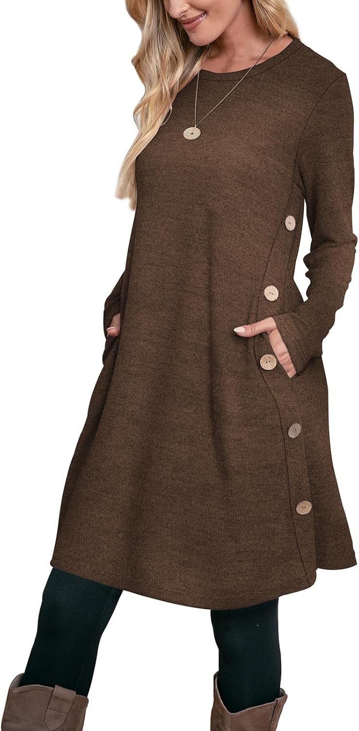 Women’s Crew Neck Tunic Dress Long Sleeve Casual Dress with Pockets and Buttons