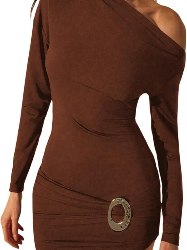 Women’s Off Shoulder Long Sleeve Pleated Bodycon Mini Dress