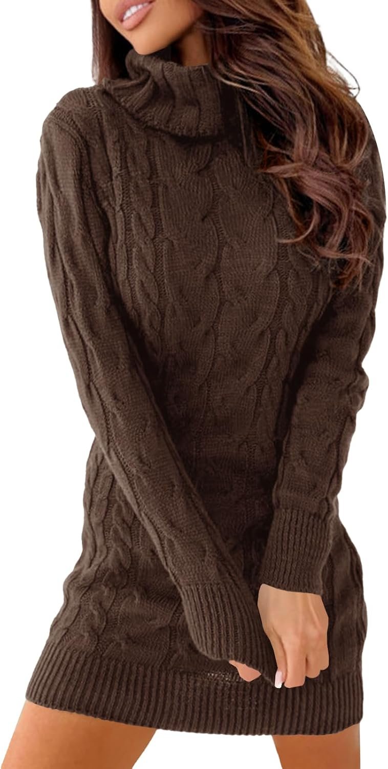 Women’s Cable Knit Turtleneck Sweater Dress Long Sleeve Bodycon Mini Dress