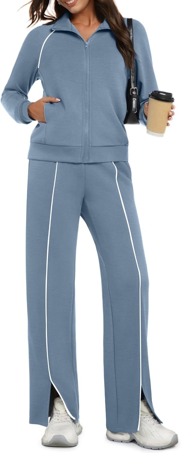 Women's 2-piece zip sweatsuit lounge set wide leg striped tracksuit