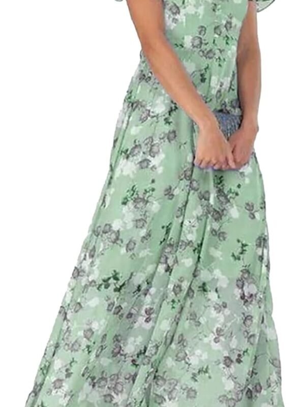 Women’s Elegant Floral Chiffon Maxi Dress V-Neck Short Sleeve Flowy Summer Dress