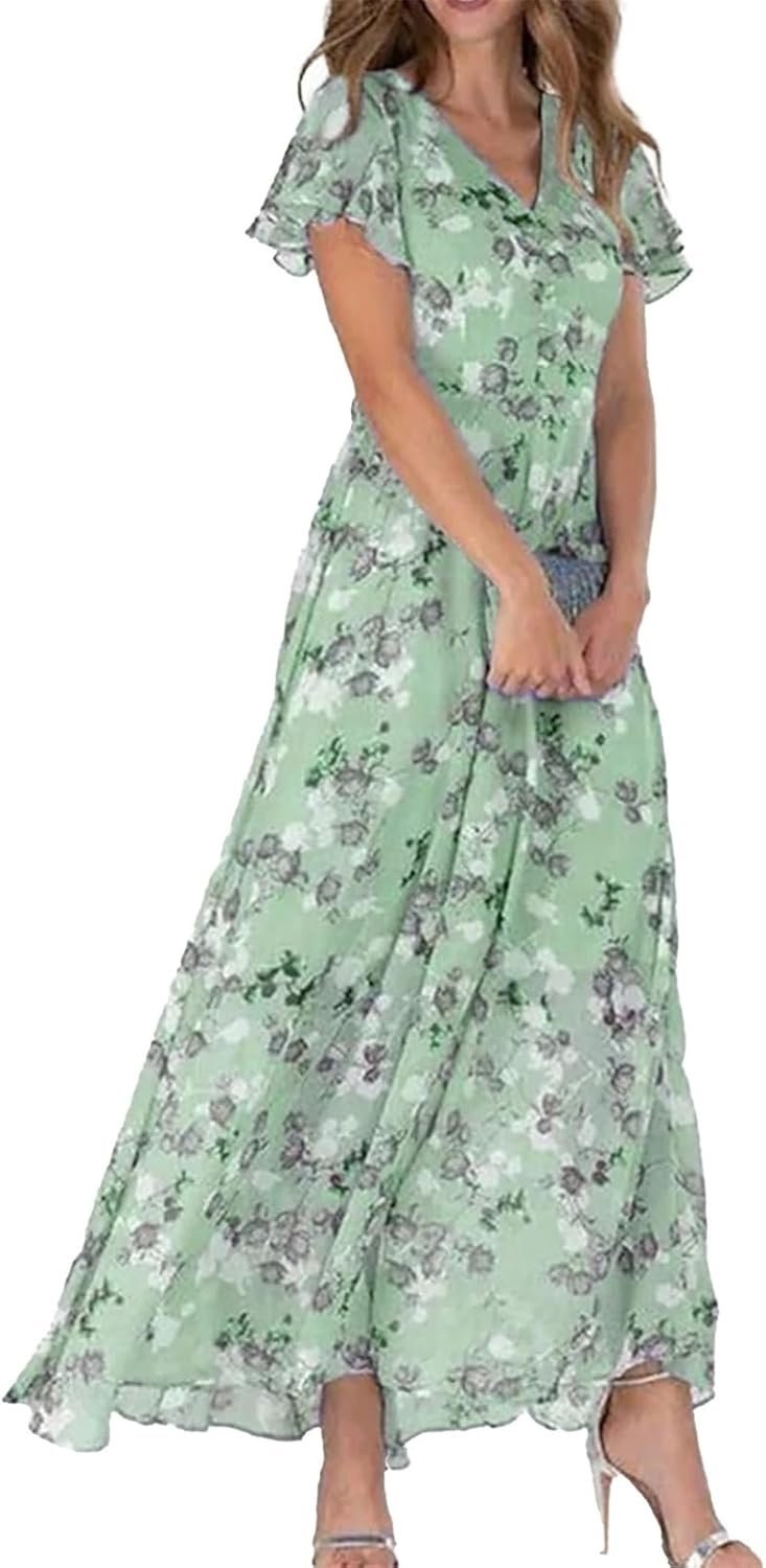Women’s Elegant Floral Chiffon Maxi Dress V-Neck Short Sleeve Flowy Summer Dress