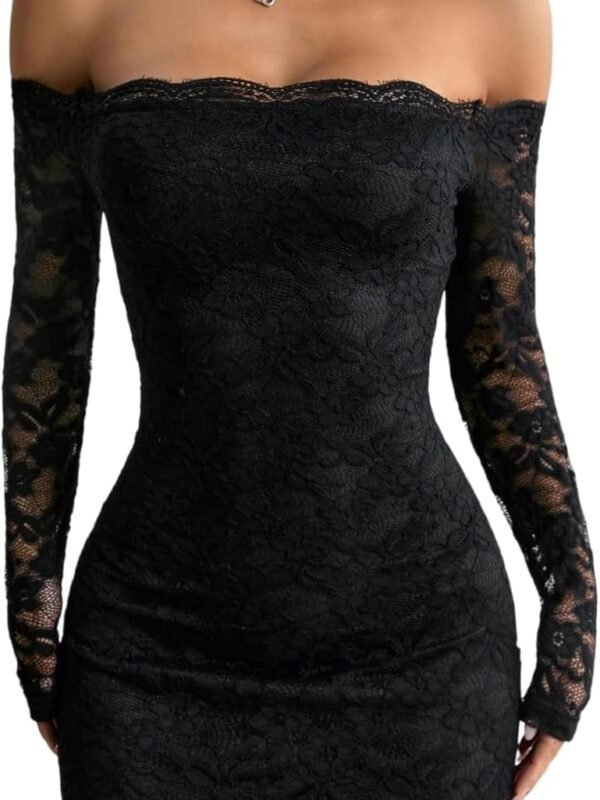 Women’s Lace Long Sleeve Off Shoulder Bodycon Mini Dress