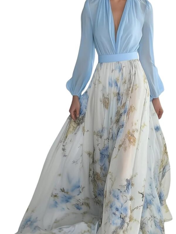 Women’s V Neck Floral Chiffon Maxi Dress Long Sleeve Flowy Style