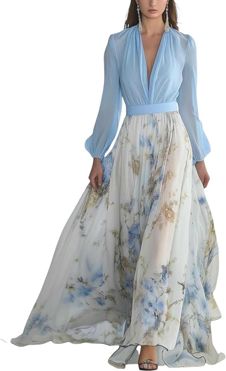 Women’s V Neck Floral Chiffon Maxi Dress Long Sleeve Flowy Style