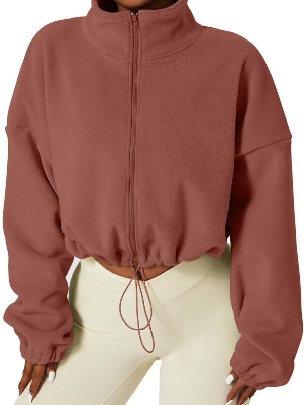 Women’s Full Zip Fleece Cropped Jacket Warm Long Sleeve Sherpa Coat