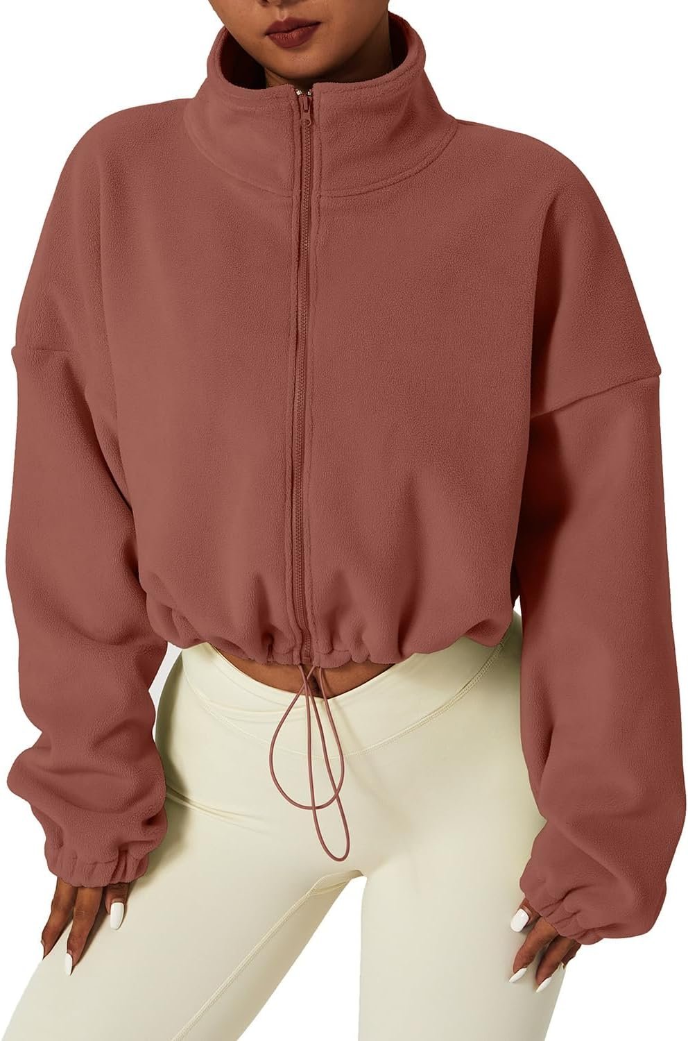 Women’s Full Zip Fleece Cropped Jacket Warm Long Sleeve Sherpa Coat
