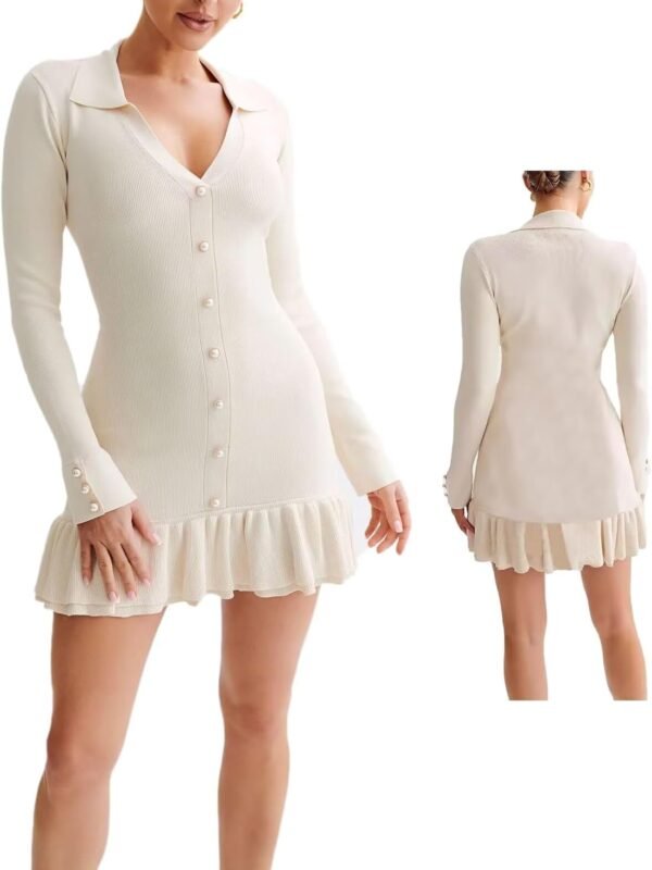 Women’s Long Sleeve Knit Sweater Dress Ruffle Hem Collared Back Tie Mini Dress