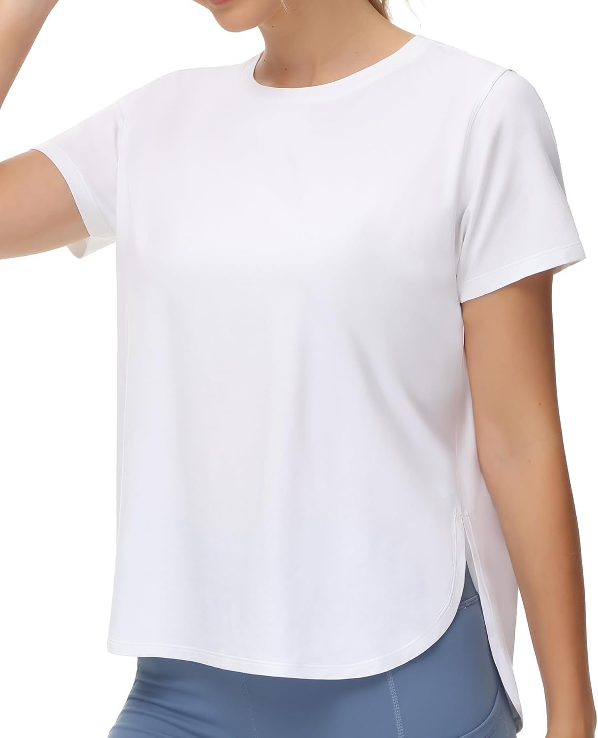 Women's White Casual Short-Sleeve Top with Split Hem—Suitable for Sports