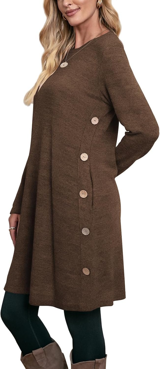 Women’s Crew Neck Tunic Dress Long Sleeve Casual Dress with Pockets and Buttons - Image 2