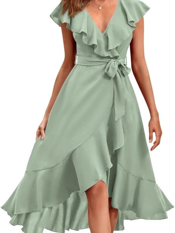 Women’s Cross Wrap Midi Dress Deep V-Neck Short Sleeve Split Hem Boho Dress