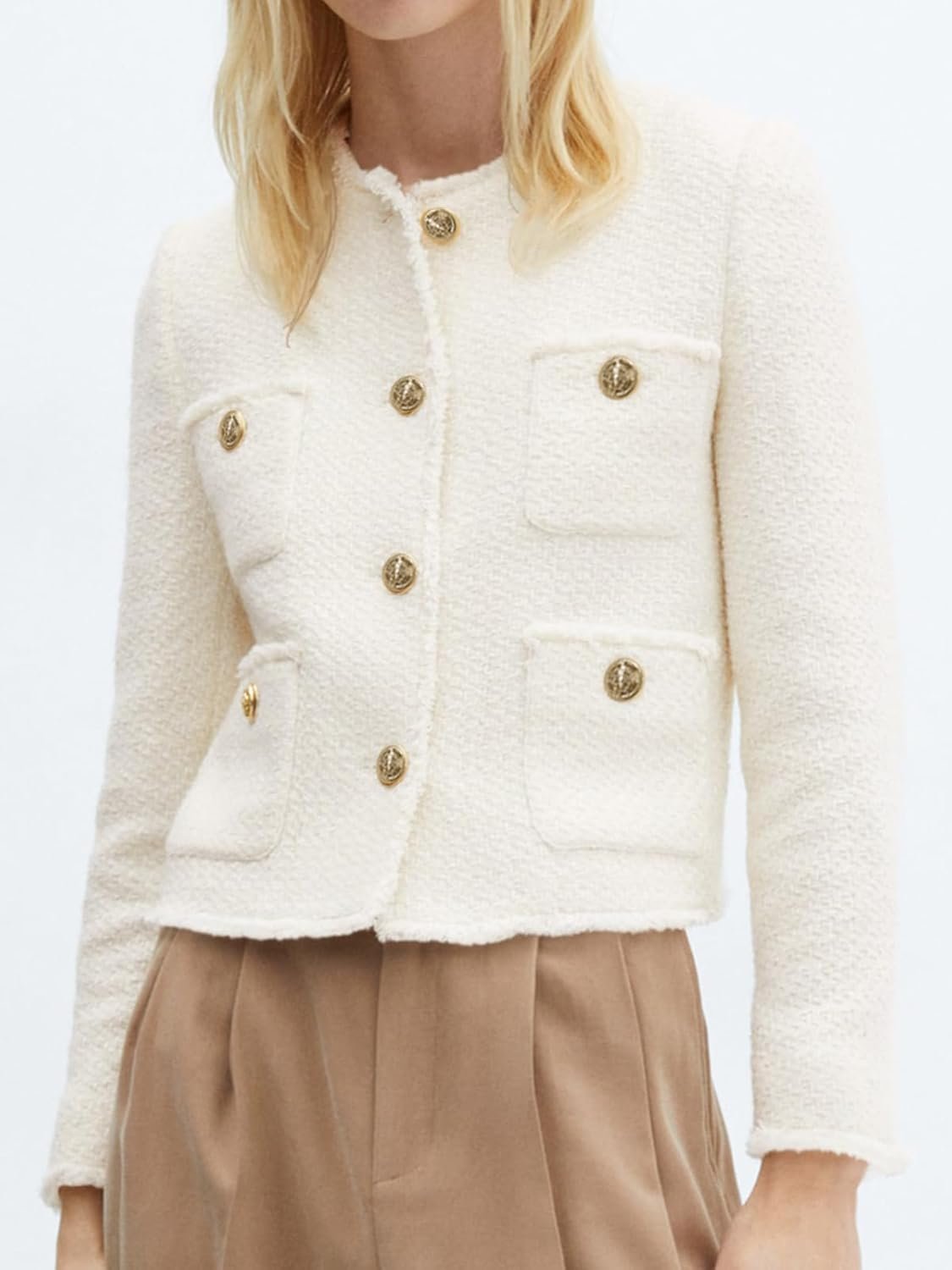 Women’s Collarless Cropped Tweed Blazer Casual Business Jacket - Image 2