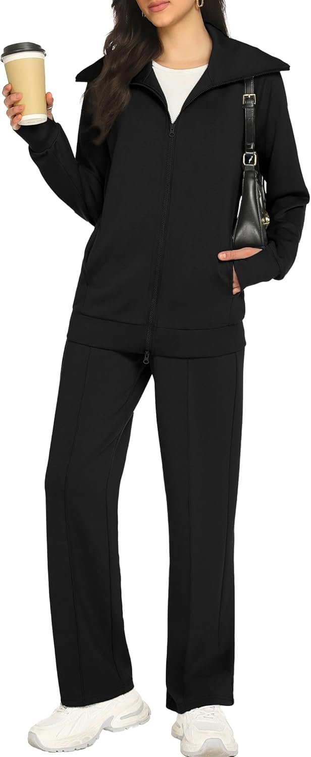 Women's 2-piece sweatsuit long sleeve double zipper sweatshirt pants set - Image 2