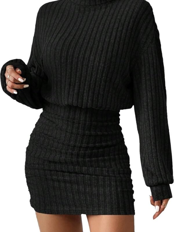 Women’s Ribbed Knit Turtleneck Sweater Dress Lantern Sleeve Bodycon Mini Dress