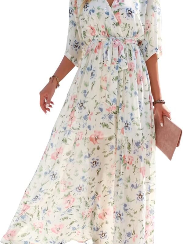 Women’s Boho Floral Wrap V Neck Maxi Dress with Side Slit