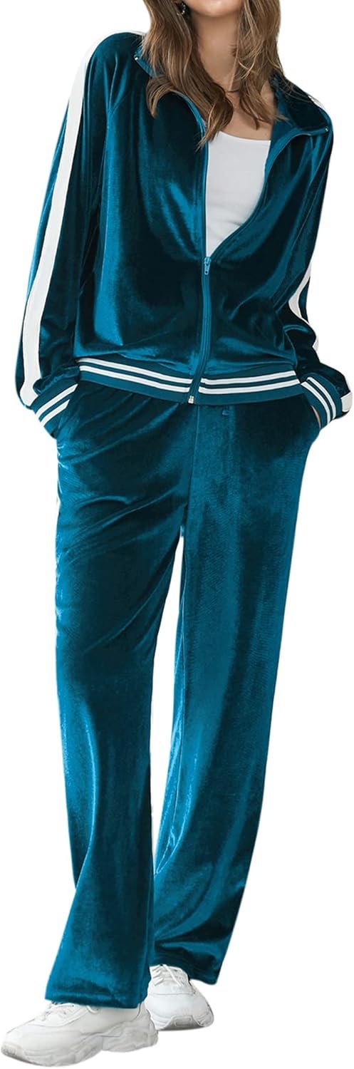 Women's velvet tracksuit 2-piece lounge set zip sweatshirt sweatpants with pockets