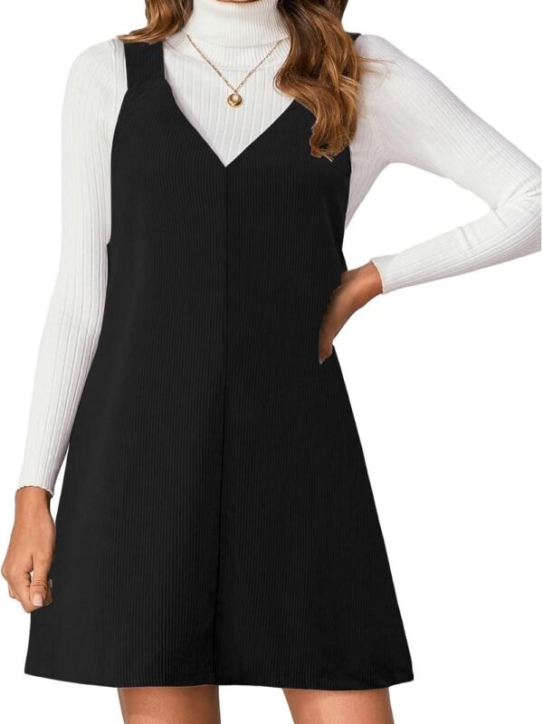 Women’s V-Neck Corduroy Overall Mini Dress Casual Pinafore Style