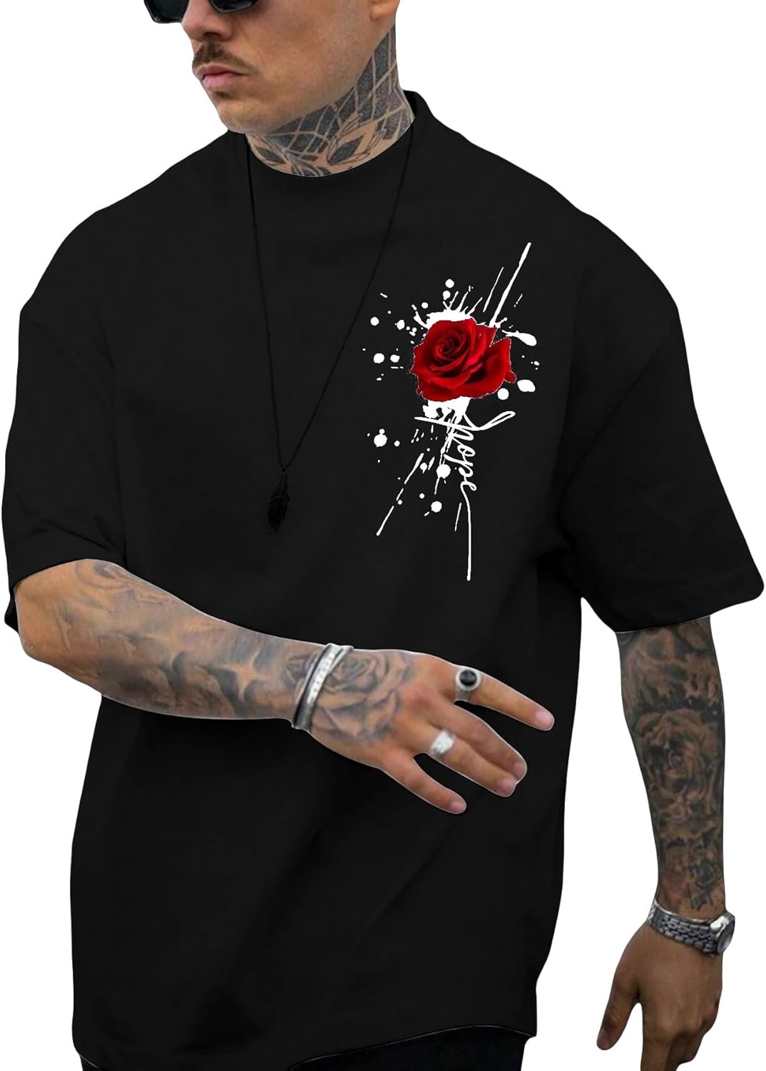 Men's rose print graphic oversized T-shirt casual summer streetwear top