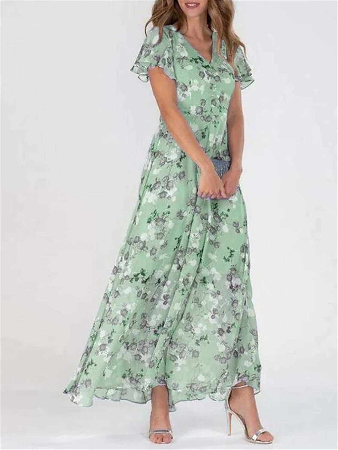 Women’s Elegant Floral Chiffon Maxi Dress V-Neck Short Sleeve Flowy Summer Dress - Image 2