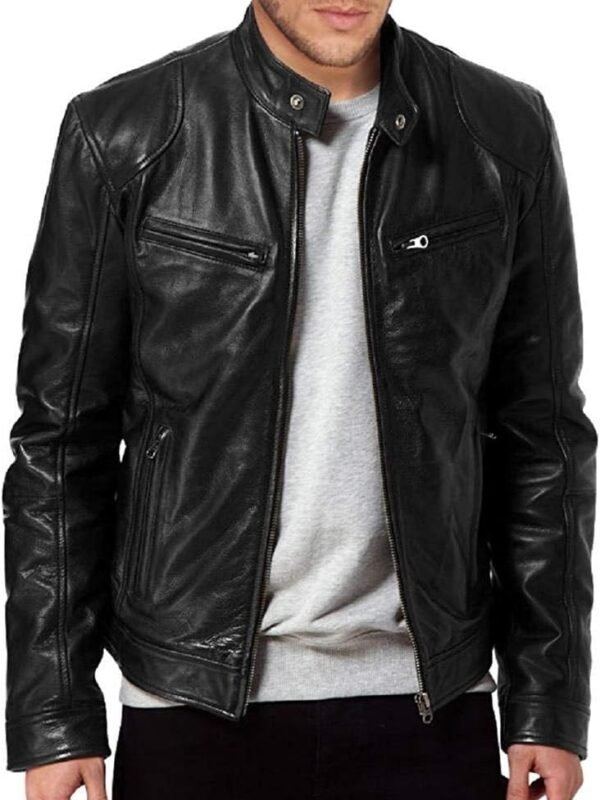 Men’s Genuine Leather Biker Jacket Zip Front Style