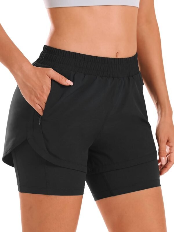 Women’s High Waist 2-in-1 Running Gym Shorts with Liner and Zipper Pockets