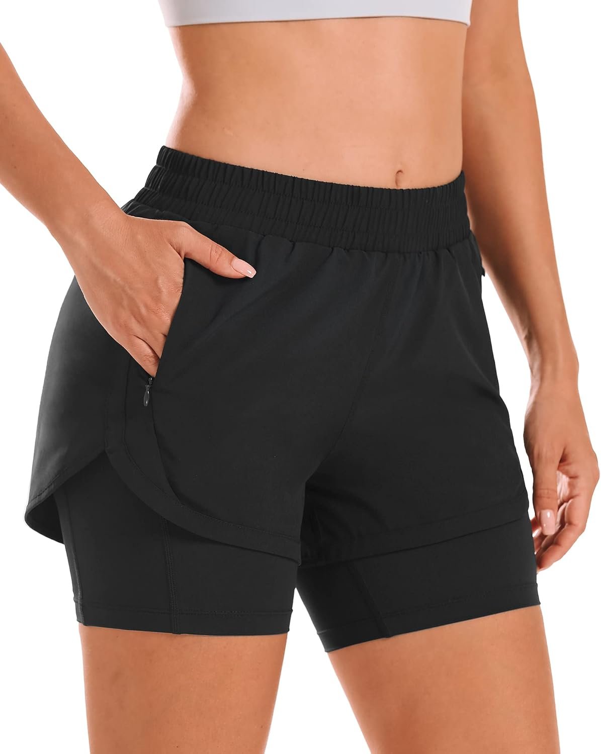 Women’s High Waist 2-in-1 Running Gym Shorts with Liner and Zipper Pockets