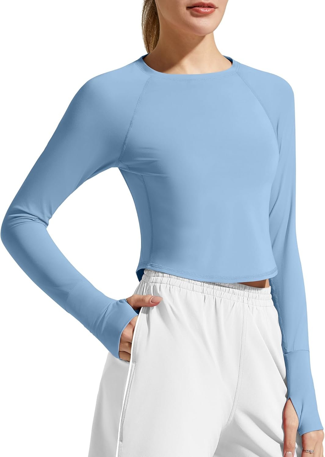 Lightweight women's long sleeve rash guard crop workout shirt thumb holes quick-dry top - Image 2