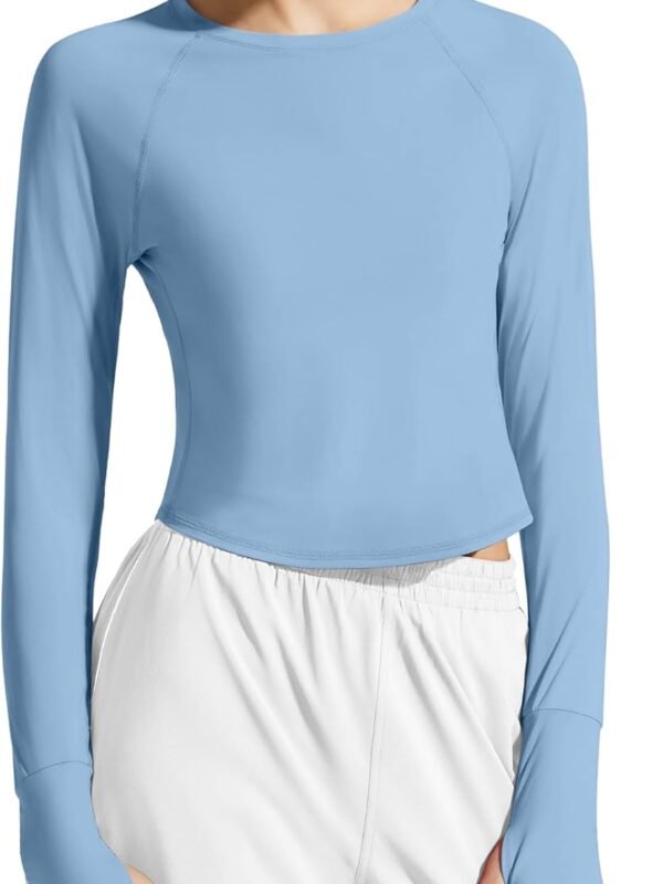 Lightweight women's long sleeve rash guard crop workout shirt thumb holes quick-dry top