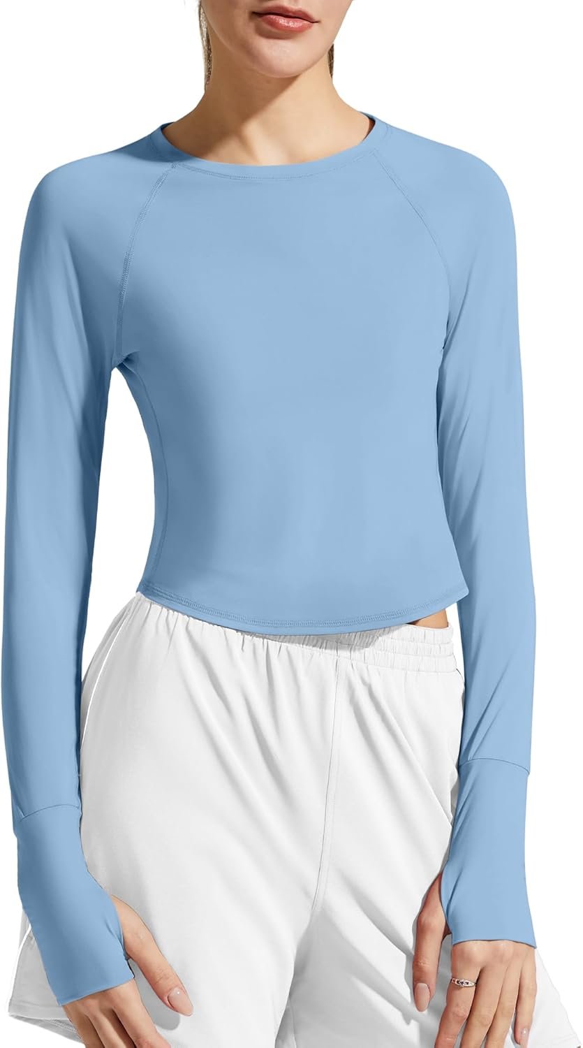 Lightweight women's long sleeve rash guard crop workout shirt thumb holes quick-dry top