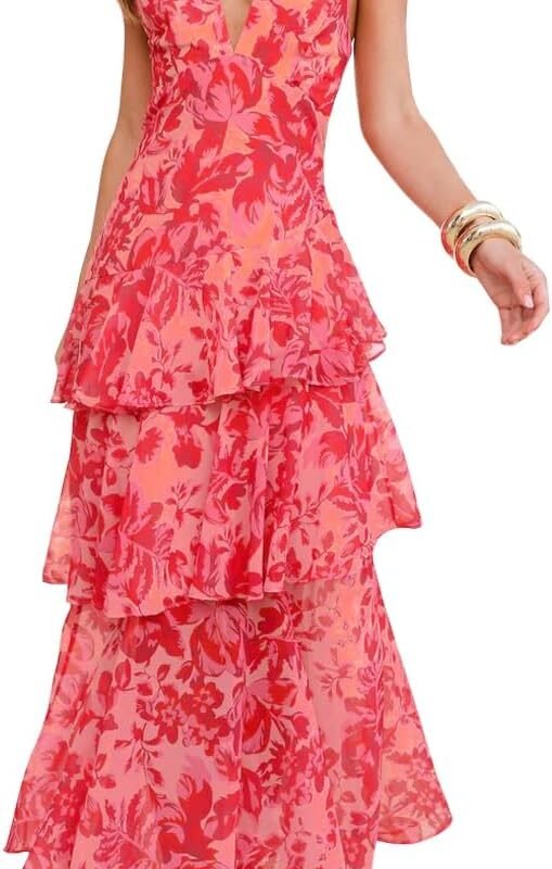 Women’s Deep V-Neck Floral Maxi Dress Backless Ruffle Hem Evening Party Dress