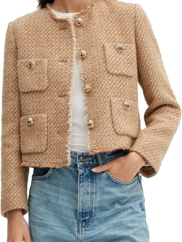 Women’s Collarless Cropped Tweed Blazer Button Down Office Jacket