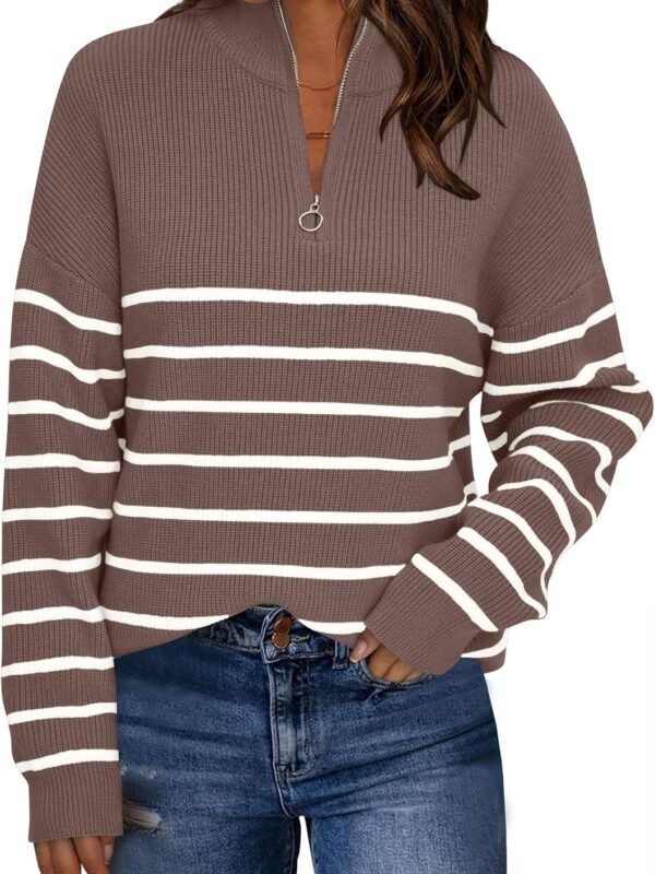 Women’s Quarter Zip Striped Oversized Mock Neck Sweater