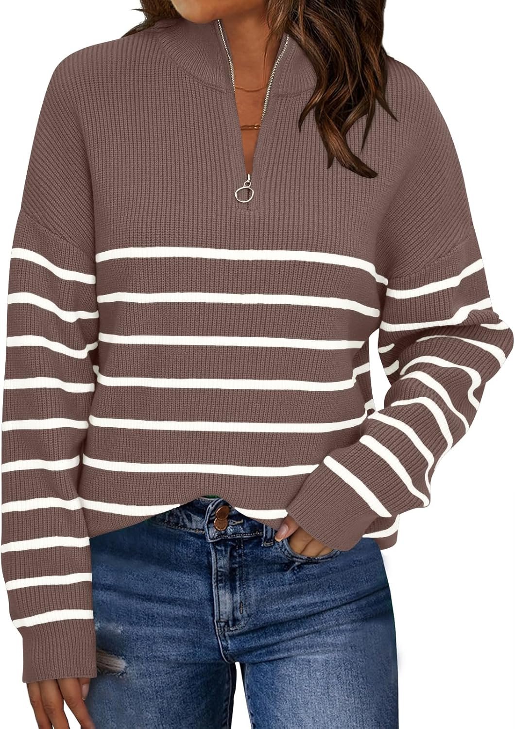 Women’s Quarter Zip Striped Oversized Mock Neck Sweater