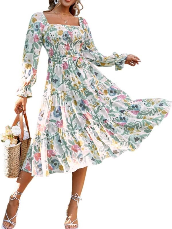 Women’s Boho Floral Square Neck Midi Dress Long Sleeve Smocked Flowy Dress