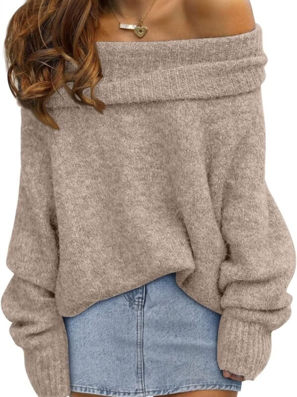 Women’s Off Shoulder Oversized Sweater Batwing Sleeve Knit Pullover