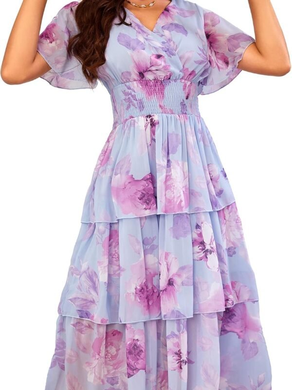 Women’s Floral V-Neck Tiered Chiffon Midi Dress Short Sleeve Smocked Flowy Dress