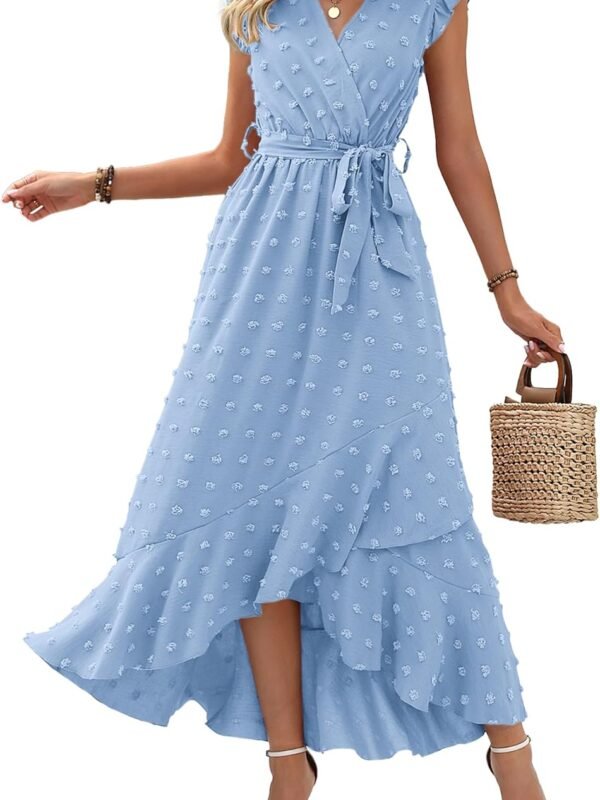 Women’s V Neck Swiss Dot Boho Maxi Dress with Ruffle Slit
