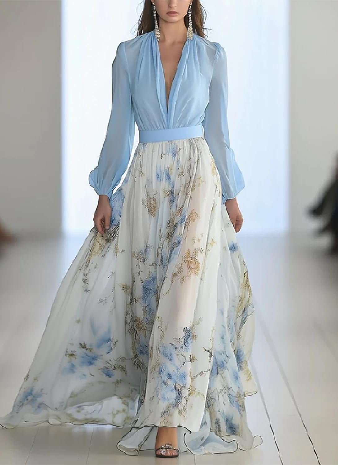 Women’s V Neck Floral Chiffon Maxi Dress Long Sleeve Flowy Style - Image 2