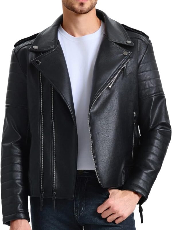Men’s Faux Leather Biker Jacket Asymmetric Zip Slim Fit Coat