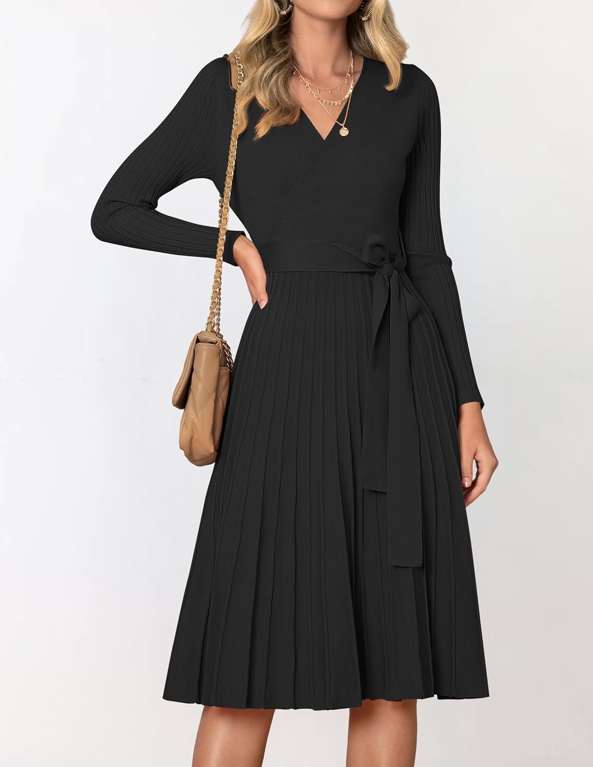 Women??s Long Sleeve Wrap V-Neck Ribbed Knit Pleated Sweater Dress with Belt - Image 2