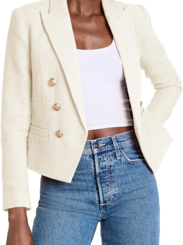 Women’s Cropped Tweed Blazer Open Front Long Sleeve Business Jacket