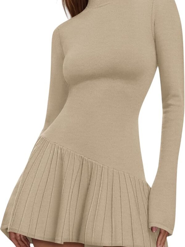 Women’s Crochet Ribbed Knit Sweater Dress Ruffle Hem Mock Neck Mini Dress