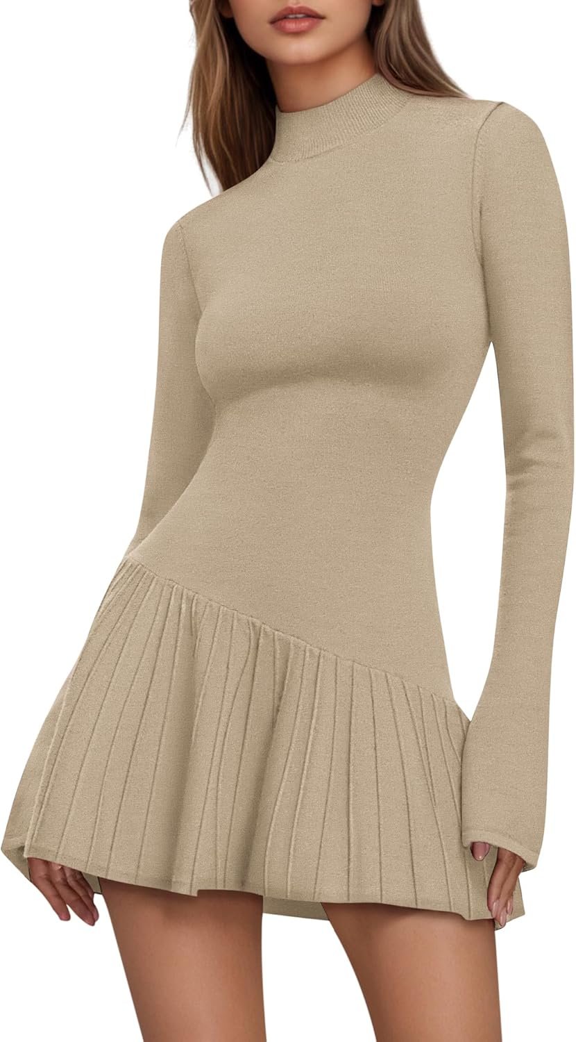 Women’s Crochet Ribbed Knit Sweater Dress Ruffle Hem Mock Neck Mini Dress