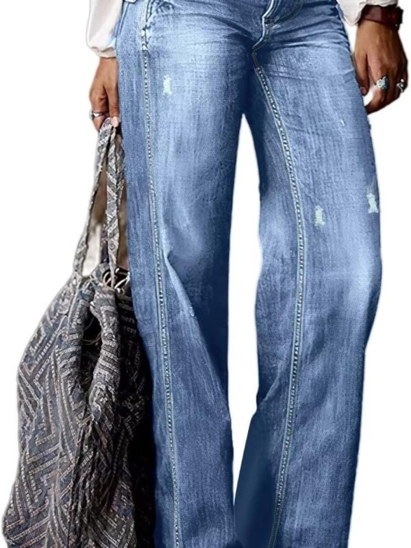 Women’s Straight Leg Ripped Raw Hem Mid Waist Bootcut Jeans