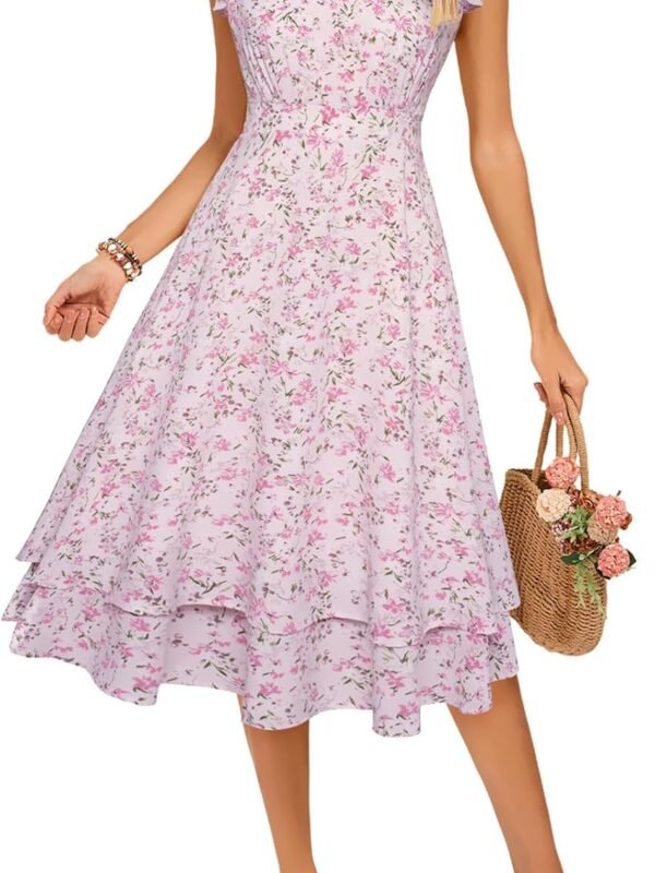 Women’s Floral Ruffle Sleeve V-Neck A-Line Tiered Midi Dress