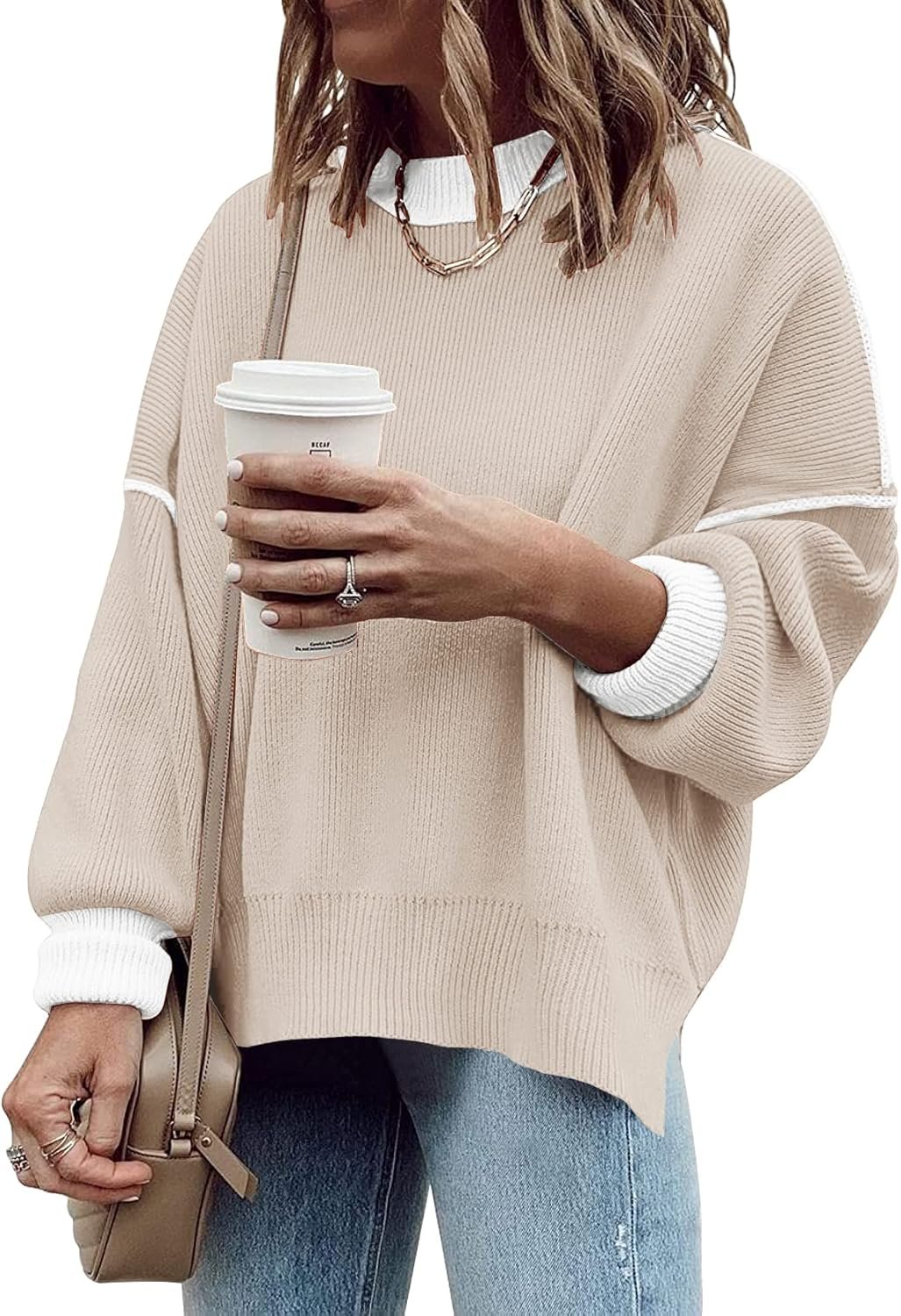 Women’s Oversized Batwing Sleeve Color Block Knit Sweater - Image 2